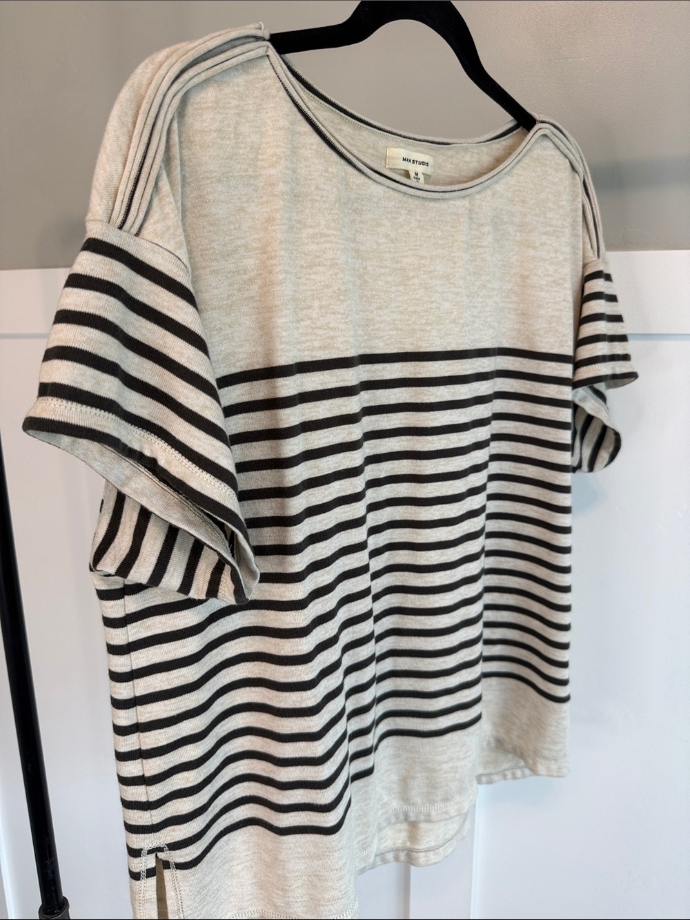 Striped Short-Sleeve Boatneck Top in Cream and Black
